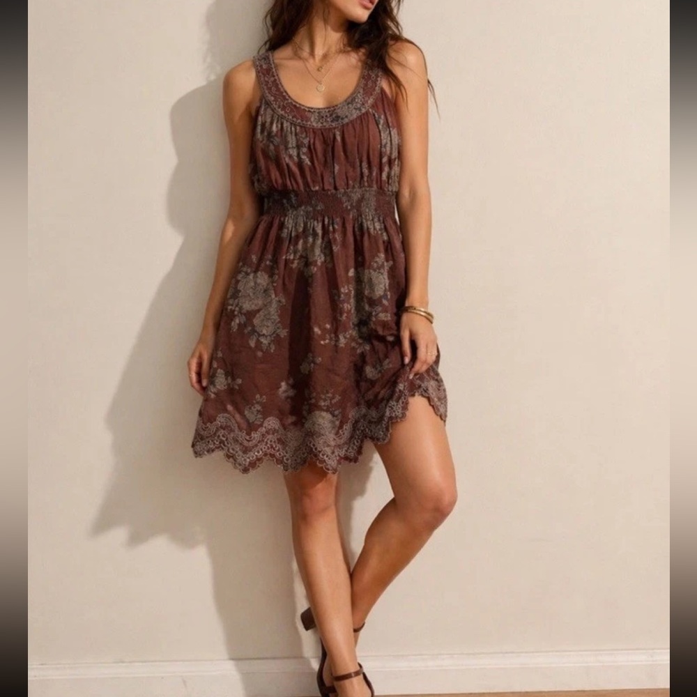 Mine Brown Babydoll Mini Tank Dress Embroidery Hem Ruched Waist Y2K